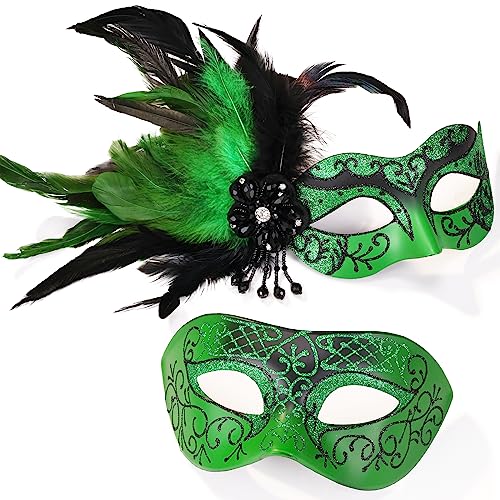 MYSEUNI Grünes Masken-Set für Sie und Ihn, Feder-Maske, für Paare, venezianische Maske für Maskerade, Karneval, Halloween, Cosplay, Abschlussball, Weihnachten MYSEUNI Grünes Masken-Set für Sie und Ihn, Feder-Maske, für Paare, venezianische Maske für Maskerade, Karneval, Halloween, Cosplay, Abschlussball, Weihnachten von MYSEUNI