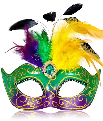 MYSEUNI Karnevalsmasken für Damen mit Federn, venezianische Maske für Maskerade-Party von MYSEUNI