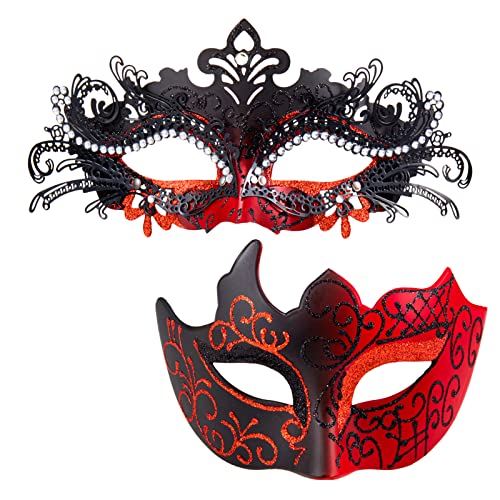 MYSEUNI Maskenmasken für Paare – glänzende Strass-Metallfiligrane venezianische Maske und venezianische Herrenmaske für Karneval, Rot/Ausflug, einfarbig (Getaway Solids), Einheitsgröße MYSEUNI Maskenmasken für Paare – glänzende Strass-Metallfiligrane venezianische Maske und venezianische Herrenmaske für Karneval, Rot/Ausflug, einfarbig (Getaway Solids), Einheitsgröße von MYSEUNI