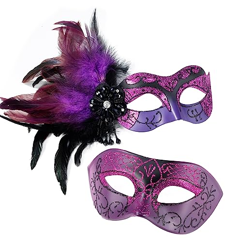 MYSEUNI Maskerade Mask for Couple Purple -Feather Masquerade Mask for Couple & Venetian Mask for Masquerade Party, Mardi Gras, Halloween Cosplay Prom, Christmas von MYSEUNI