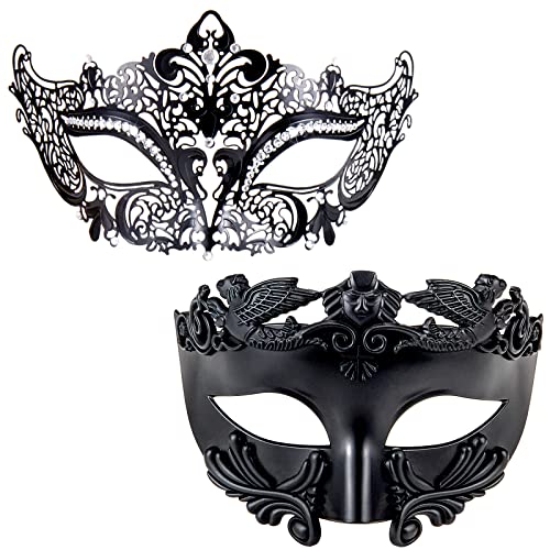 MYSEUNI Maskerade für Paare – Römischer Griechischer Mann & Venezianische Metall Frauen Maske für Maskarade Ball Karneval Halloween, Schwarz, One Size Fits Most von MYSEUNI