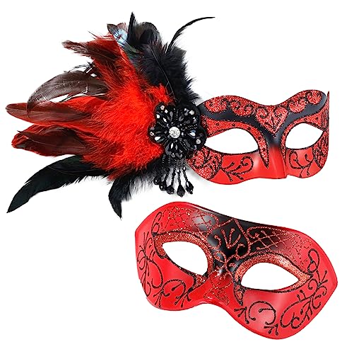 MYSEUNI Rote Paare Maskerade Maske – Feder Maskerade Maske Frauen und Mann & Venezianische Maske für Maskerade Party, Karneval, Halloween Cosplay Abschlussball, Weihnachten von MYSEUNI