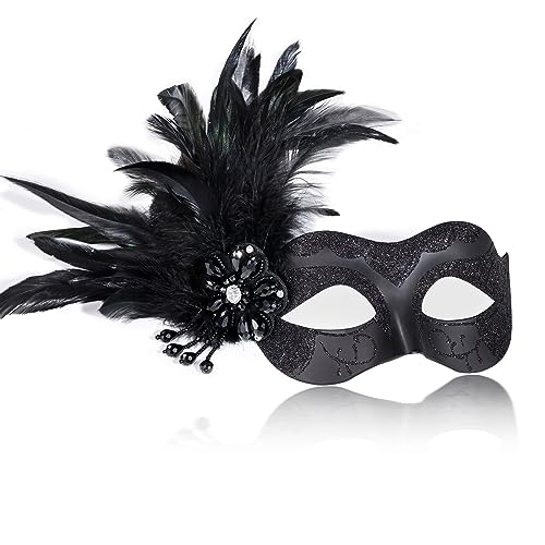 MYSEUNI Schwarze Maskerade-Masken für Frauen mit Federn – venezianische Maske für Damen, Mascarade, Party, Karneval, Halloween, Cosplay, Abschlussball, Weihnachten von MYSEUNI