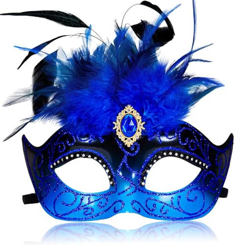 MYSEUNI Schwarze und blaue Maskerade-Maske für Damen mit Federn, venezianische Maske für Maskenball MYSEUNI Schwarze und blaue Maskerade-Maske für Damen mit Federn, venezianische Maske für Maskenball von MYSEUNI