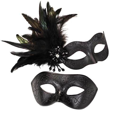 MYSEUNI Schwarzes Masken-Set für Paare, Maskerade-Maske für Damen, mit Federn und venezianische Maske, für Maskerade, Karneval, Halloween, Cosplay, Abschlussball, Weihnachten von MYSEUNI