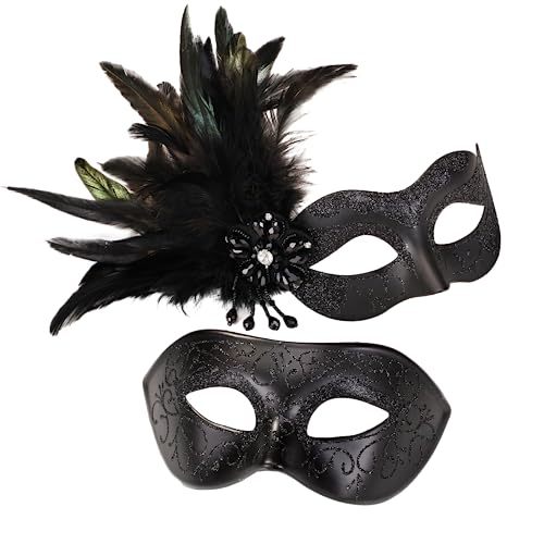 MYSEUNI Schwarze Masken Set für Paare - Maskenballmaske für Damen mit Federn und venezianischer Maske für Männer, Fasching Gras, Halloween, Cosplay, Ball, Weihnachten MYSEUNI Schwarze Masken Set für Paare - Maskenballmaske für Damen mit Federn und venezianischer Maske für Männer, Fasching Gras, Halloween, Cosplay, Ball, Weihnachten von MYSEUNI