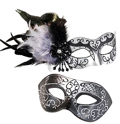 MYSEUNI Silber Maskerade Maske für Paare Maskerade Maske für Frauen mit Federn & Venezianische Halbmaske Halloween für Maskerade Party Karneval Halloween Cosplay Abschlussball Weihnachten von MYSEUNI