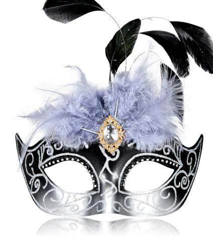 MYSEUNI Silberne venezianische Maskenball-Maske für Damen, mit Federn, venezianische Maske für Maskenbälle, Mardi Gras MYSEUNI Silberne venezianische Maskenball-Maske für Damen, mit Federn, venezianische Maske für Maskenbälle, Mardi Gras von MYSEUNI