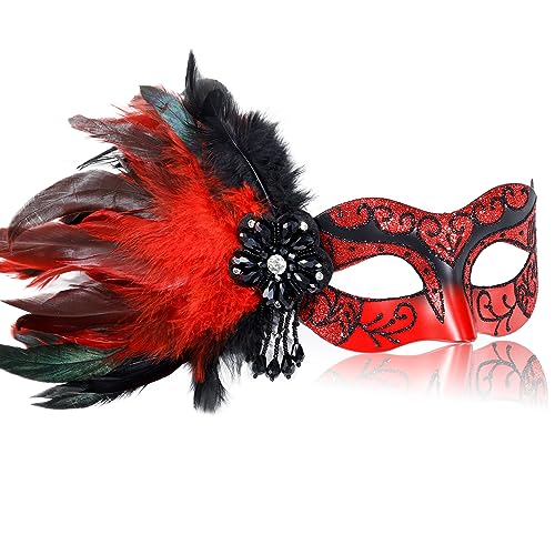 MYSEUNI Venezianische Maske für Damen, rote Maskerade, mit Federn für Maskerade-Party, Halloween-Ball, Cosplay, Abschlussball, Weihnachten, Geburtstag, Hochzeit von MYSEUNI