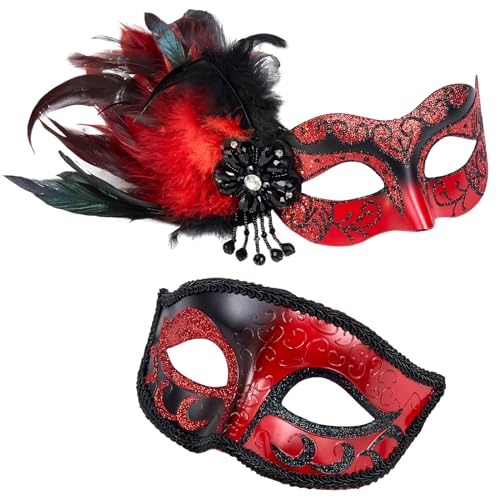 MYSEUNI Venezianische Maske für Paare mit Federn, rote Maskerade-Maske für Damen und Herren, Kostüm für Halloween, Karneval, Cosplay, Party, Ball, Abschlussball von MYSEUNI
