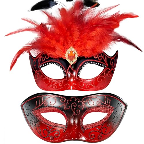 MYSEUNI Venezianische Maske für Paare mit Federn – rote Maskerade Maske für Damen und Herren, Kostüm für Halloween, Karneval, Cosplay, Party, Ball, Abschlussball MYSEUNI Venezianische Maske für Paare mit Federn – rote Maskerade Maske für Damen und Herren, Kostüm für Halloween, Karneval, Cosplay, Party, Ball, Abschlussball von MYSEUNI
