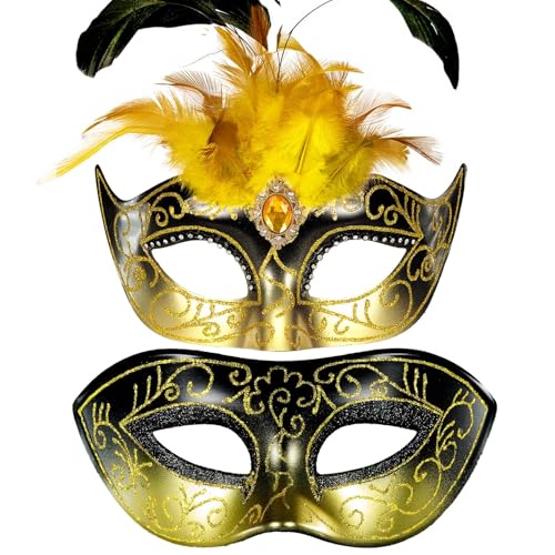 MYSEUNI Venezianische Maskenmaske für Paare, Federn, schwarz und goldfarben, für Damen und Herren, Kostüm für Halloween, Karneval, Cosplay, Party, Ball, Abschlussball MYSEUNI Venezianische Maskenmaske für Paare, Federn, schwarz und goldfarben, für Damen und Herren, Kostüm für Halloween, Karneval, Cosplay, Party, Ball, Abschlussball von MYSEUNI