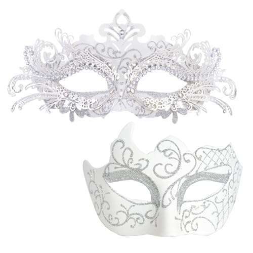 MYSEUNI Weiße Maskerade-Maske für Paare – glänzende strassbesetzte filigrane venezianische Maske aus Metall und venezianische Vintage-Maske für Hochzeit, Abend, Abschlussball, Karneval, Maskenball, MYSEUNI Weiße Maskerade-Maske für Paare – glänzende strassbesetzte filigrane venezianische Maske aus Metall und venezianische Vintage-Maske für Hochzeit, Abend, Abschlussball, Karneval, Maskenball, von MYSEUNI