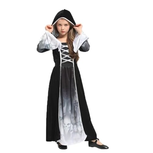 MYSTELLA Kostüm Sensenmann für Mädchen, 10-12 Jahre, Skelett-Kostüm, Kinder, Cosplay (140-150 cm) von MYSTELLA