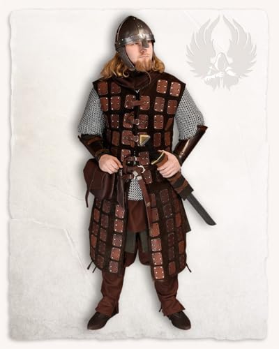 MYTHOLON Osric braune Lederbrigantine,XL-XXL, Lederrüstung mit seitlichen Schnürungen, Wildleder, Messingschnallen, Lederwappenrock, Mittelalter, LARP, Cosplay, Wikinger von MYTHOLON