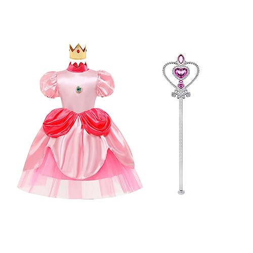 MYYBX Prinzessin Peach Kostüm Mädchen: Pfirsich Kleider Cosplay Costume mit Krone und Zauberstab - Halloween Weihnachten Karneval Cross Dressing ((140cm 51-55in)) von MYYBX