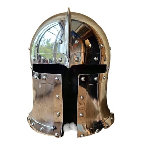 MZICXV Fantasy Mittelalter T-Face Barbute Helm - Tragbarer Stahlplatten-Rüstungshelm for LARP und Gaming-inspirierte Kostüme(Carbon Steel) von MZICXV