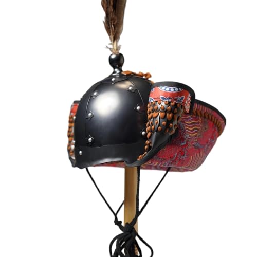 MZICXV Handmade Dynasty Replica Helmet | Bohai Folded Ear Steel Helm with Lamellar Neck Guard for Display, & Reenactment(Black) von MZICXV