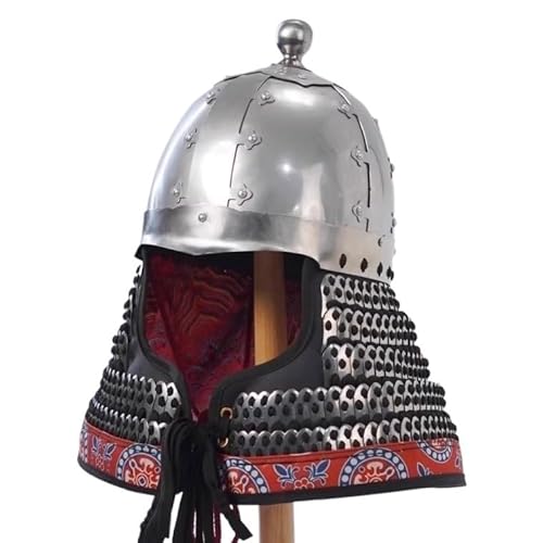 MZICXV Handmade Dynasty Replica Helmet | Bohai Folded Ear Steel Helm with Lamellar Neck Guard for Display, & Reenactment(Silver) von MZICXV