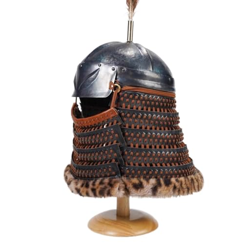 MZICXV Handmade Historical Replica Helmet with Face | Authentic Iron Pagoda Steel Helm with Lamellar Neck Guard for Reenactment & Display(Black and Brown Helmet) von MZICXV