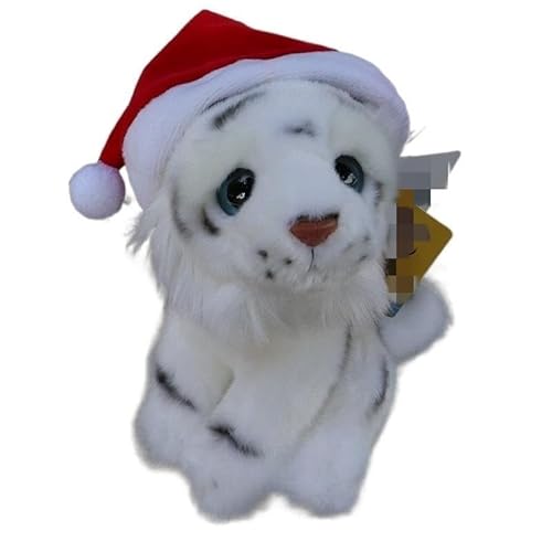 MZICXV Simulation Tiger Plüschpuppe Sibirischer Tiger Plüschtier Weißer Tiger Brauner Tiger Kleiner Tiger mit Weihnachtsmütze Begleitgeschenke Heimdekoration(White,18.5cm) von MZICXV