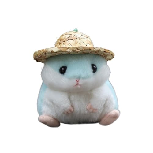 MZICXV Simulation niedliche kleine Hamster-Plüschpuppe mit Strohhut, Hamster-Anhänger, Taschenanhänger, weiches und süßes Geschenk(Blue) von MZICXV
