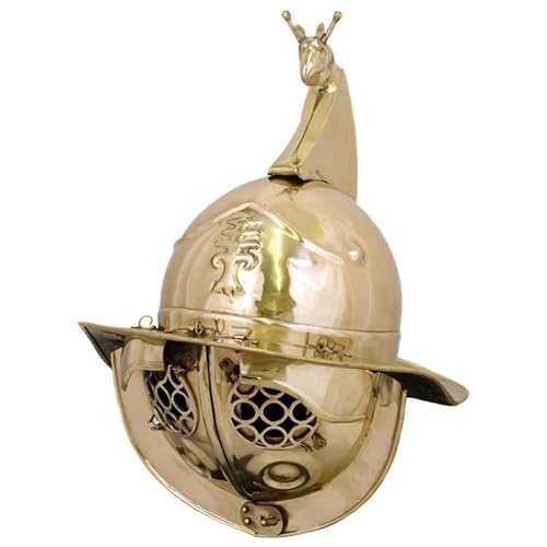 Tragbarer römischer Thraex-Gladiatorenhelm – Replik aus massivem Messing mit verziertem Gittervisier for Nachstellung und Ausstellung von MZICXV