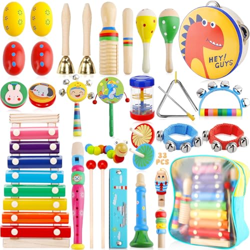 MZJAUVF 33Stück Musikinstrumente für Kinder, Musikinstrumente Musical Instruments Set, Holz Percussion Set, Xylophone für Kinders, Percussion Instrumente Kinders, Montessori Spielzeug ab 1 2 3 Jahre von MZJAUVF