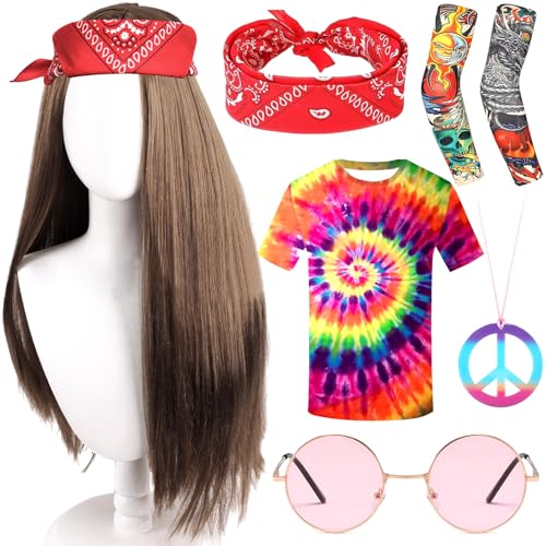 MZJAUVF 6PCS Hippie Kostüm, 70er Jahre Outfit Herren, Hippie Kostüm Herren, Hippie Accessories T-Shirt Perücke Sonnenbrille Peace Halskette Stirnband Halskette Stirnband Tattoo Ärmel Party Karneval MZJAUVF 6PCS Hippie Kostüm, 70er Jahre Outfit Herren, Hippie Kostüm Herren, Hippie Accessories T-Shirt Perücke Sonnenbrille Peace Halskette Stirnband Halskette Stirnband Tattoo Ärmel Party Karneval von MZJAUVF