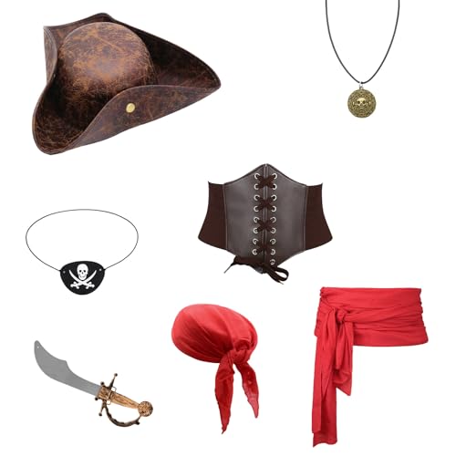 MZRAN 7-teiliges Piratenhut und Bandana-Kostüm-Set, karibanischer Stil, weiches Halloween-Zubehör für Cosplay-Themen-Outfit, praktischer Piratenhut mit integriertem Bandana von MZRAN