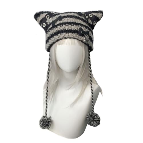 MZRAN Gestreifter Mädchen-Mütze, Punk, Knochen, Partyhut, Strickmütze, Streetwear, dicke Katzenohren, Foto-Requisiten MZRAN Gestreifter Mädchen-Mütze, Punk, Knochen, Partyhut, Strickmütze, Streetwear, dicke Katzenohren, Foto-Requisiten von MZRAN