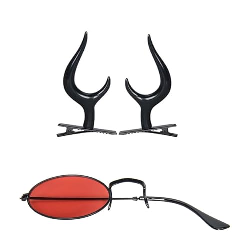 MZRAN Monokularbrille mit Kette Teufelshörner Haarspangen Monokel Alastor Kostüm Zubehör für Halloween Cosplay von MZRAN