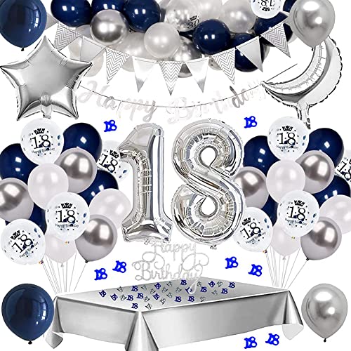 18. Geburtstagsdekoration, Silberblau 18. Geburtstagsdekoration, Silberballon Nummer Folie Ballon 18 Luftballons Tischdecke Alles Gute zum Geburtstag Girlande Banner Kuchen Dekoration von MZSM