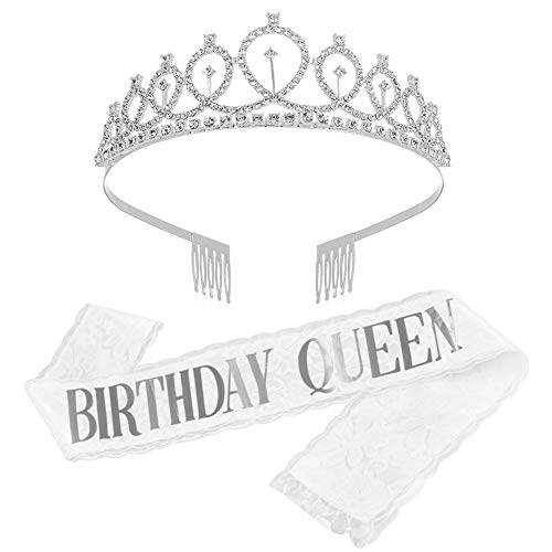 2 Stück Weißsilber Birthday Queen Spitze Schärpe und Krone,Weißsilber Geburtstag Schärpe Mädchen Geburtstagskrone Diamantkrone Dekoration für Mädchen Frauen von MZSM