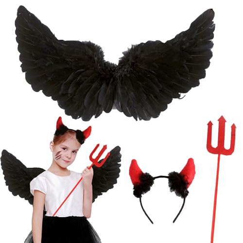 MZSX Halloween Flügel, Schwarz Engelsflügel Teufelshörner Teufelgabel, Halloween Party, Federflügel Engel für Karneval Party Fasching Kostüme, Geeignet für Körpergrößen von 80cm-125cm MZSX Halloween Flügel, Schwarz Engelsflügel Teufelshörner Teufelgabel, Halloween Party, Federflügel Engel für Karneval Party Fasching Kostüme, Geeignet für Körpergrößen von 80cm-125cm von MZSX