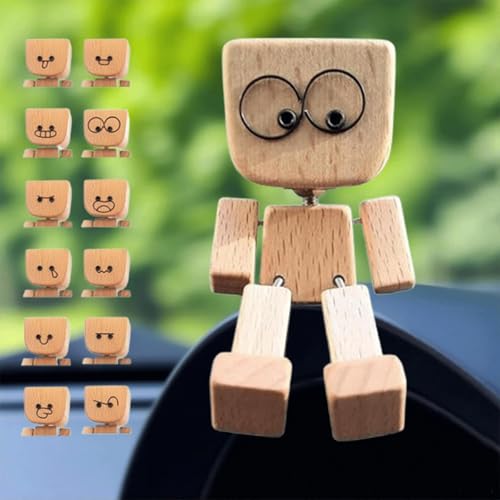 Schüttelnde Holzmann-Figur,Charmante kleine Holzfigur,die mit 12 magnetischen Ausdrücke schwankt,handgefertigte Actionfigur als Auto-Ornament,lustige Wackelkopf-Auto-Armaturenbrett-Dekors (1) von MZU