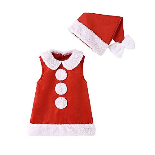 MaNMaNing Ärmelloses Weihnachtsprinzessin-Fleecekleid für Kleinkinder, Bowknot-Hut-Outfits Karneval Weihnachten Party Cosplay Kostüm (Red, 3-6 Months) von MaNMaNing