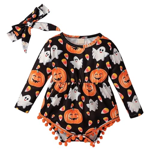 MaNMaNing Baby Jungen Halloween Strampler Jumpsuit Weicher Kürbisdruck Outfit Für Säuglinge Kleinkinder 0 18 Monate Bequeme Freizeitkleidung (White, 9-12 Months) von MaNMaNing