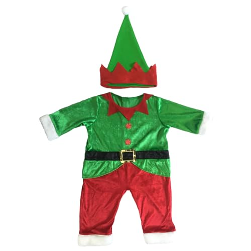 MaNMaNing Baby Jungen Mädchen Weihnachten Mann Overall Langarm Strampler Hut 2PCS Strampler Outfit Set Karneval Weihnachten Party Cosplay Kostüm (Green, 12-18 Months) von MaNMaNing