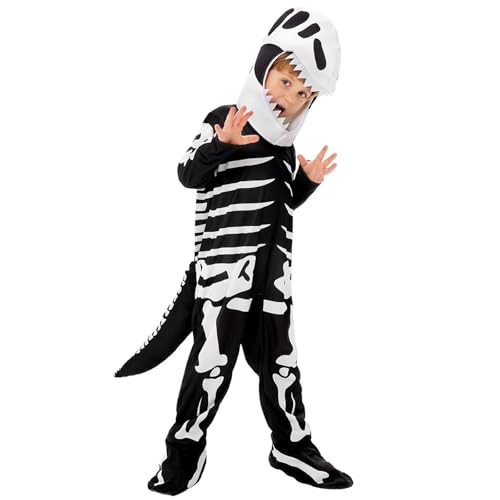 MaNMaNing Halloween-Kostüm für Jungen, Dinosaurier-Skelett-Overall, Kinder-Cosplay-Outfit, gruseliges Kostüm für Party-Auftritte und Verkleidungen (Black, 12-13 Years) von MaNMaNing