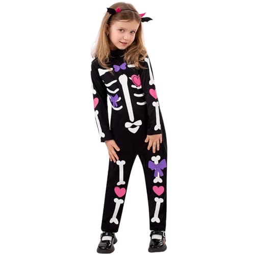MaNMaNing Halloween-Kostüm für Mädchen, Skelett-Overall, Bedruckt, für Kinder, Party-Outfit, Bühnenkleidung, Kleinkinder, zum Anziehen (Black, 9-10 Years) von MaNMaNing