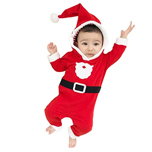 MaNMaNing Kleinkind Baby Mädchen Jungen Anzug Weihnachtsmann Gestreifter Kapuzen Fleece Strampler Overall Weihnachtskleidung Outfits Karneval Weihnachten Party Cosplay Kleidung (Red, 18-24 Months) von MaNMaNing