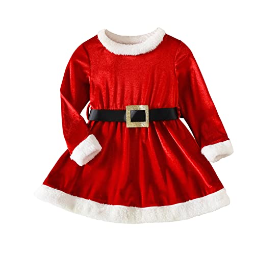 MaNMaNing Kleinkind Baby Mädchen Weihnachten Outfit Weihnachten Fleece Kleid Langarm Samt Prinzessin Kleider mit Gürtel Santa Kleidung Set Karneval Weihnachten Party Cosplay Kostüm (Red, 1-2 Years) von MaNMaNing