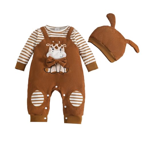 MaNMaNing Kleinkind Jungen Mädchen Langarm Cartoon Gestreiften Strampler Kostüm Overall Hut Set (Brown, 0-3 Months) von MaNMaNing