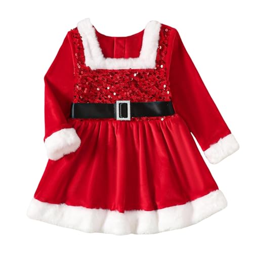 MaNMaNing Kleinkind Mädchen Langarm Weihnachten Pailletten Fleece Cosplay Kleid Prinzessin Kleid Kleidung Karneval Party (Red, 12-18 Months) von MaNMaNing