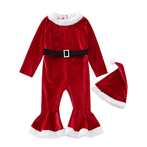 MaNMaNing Kleinkind Mädchen Weihnachten Langarm Fleece Strampler Bell Bottoms Flare Jumpsuit Hut Set Karneval Weihnachten Party Cosplay Kostüm (Red, 12-18 Months) von MaNMaNing