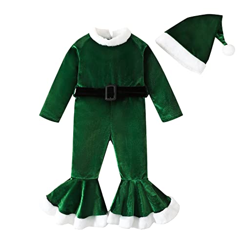 MaNMaNing Kleinkind Mädchen Weihnachten Langarm Fleece Strampler Flare Jumpsuit Hut Set Karneval Weihnachten Party Cosplay Kostüm (Green, 2-3 Years) von MaNMaNing