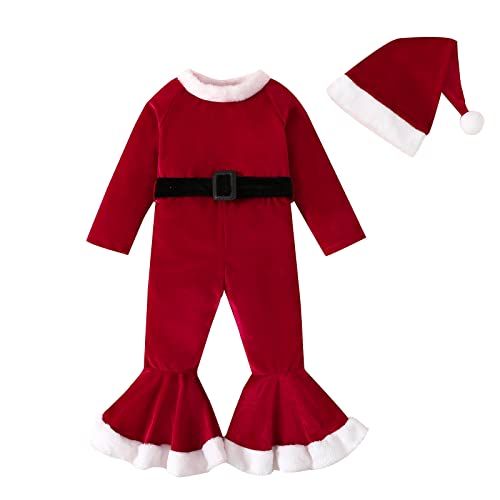 MaNMaNing Kleinkind Mädchen Weihnachten Langarm Fleece Strampler Flare Jumpsuit Hut Set Karneval Weihnachten Party Cosplay Kostüm (Red, 3-4 Years) von MaNMaNing