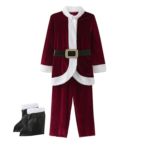MaNMaNing Kleinkind Weihnachten Jungen Anzug Cosplay Santa Party Kleid Hut Gürtel 5-teiliges Set Outfits Langarm für Weihnachten (Red, 11-14 Years) von MaNMaNing
