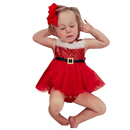 MaNMaNing Strampler, Baby, Kleinkind, Paillette, ärmellos, Weihnachtsmann, Tüll, rückenfrei, Mädchen, Weihnachten, Bodysuit, Weihnachtsmädchen, Strampler Karneval Weihnachten Party (Red, 3-6 Months) von MaNMaNing